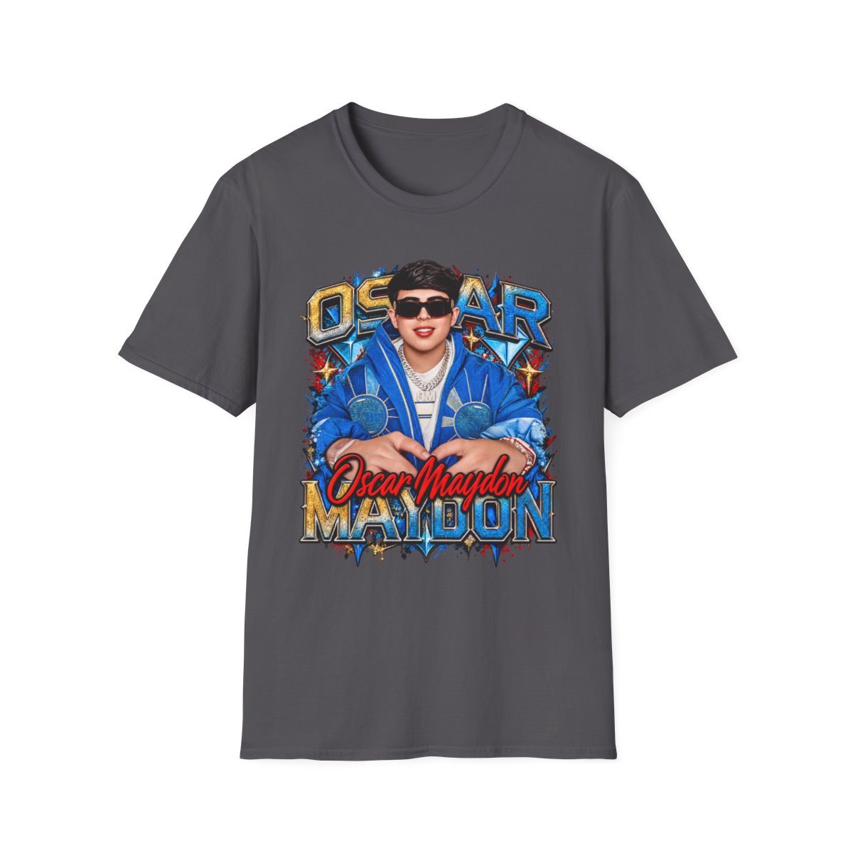 Oscar Maydon graphic T-Shirt | Retro portrait, blue jacket, name typography  | Oscar Maydon Merch - alternate angle 3, merchandise