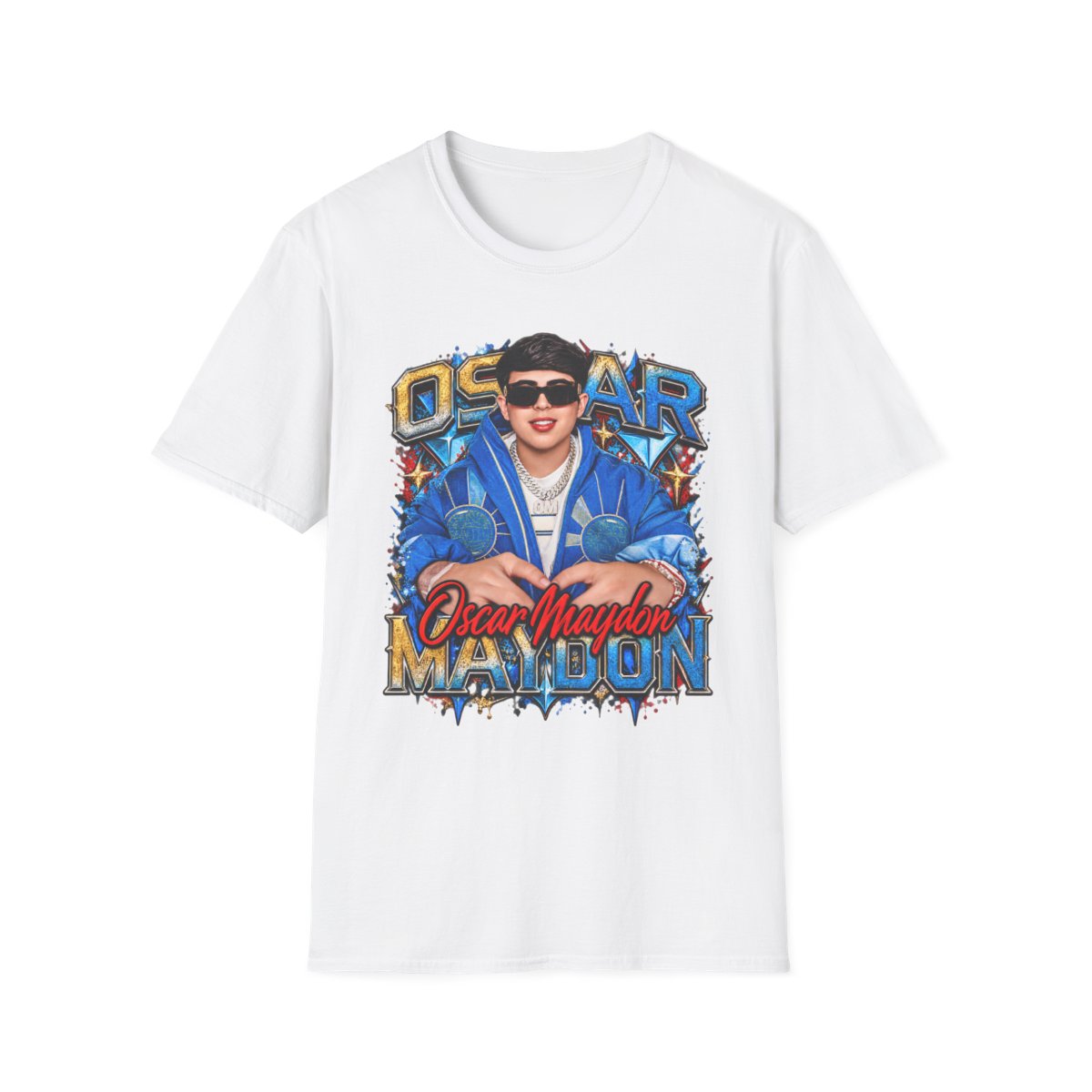 Oscar Maydon graphic T-Shirt | Retro portrait, blue jacket, name typography  | Oscar Maydon Merch - Official T-Shirts merchandise