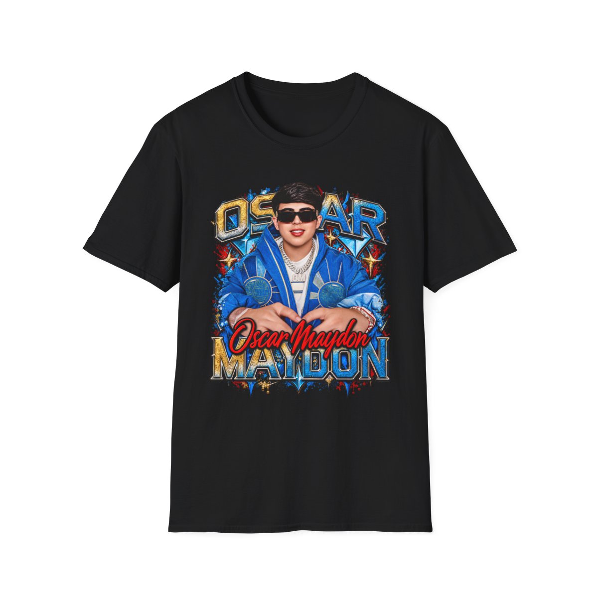 Oscar Maydon graphic T-Shirt | Retro portrait, blue jacket, name typography  | Oscar Maydon Merch - alternate angle 2, merchandise